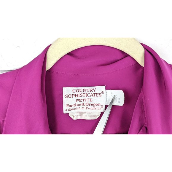 Vintage Country Sophisticate Petite fuchsia bow tie button front blouse - Picture 5 of 5